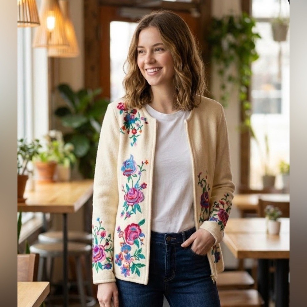 NWT Louis Dell'Olio Cream Floral Embroidered Cardigan‎ size M